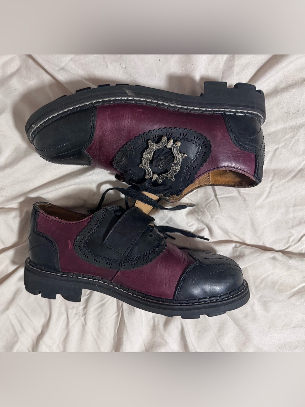 Fluevog women’s Two-Tone Burgundy and Black Leather Lace-Up Shoes